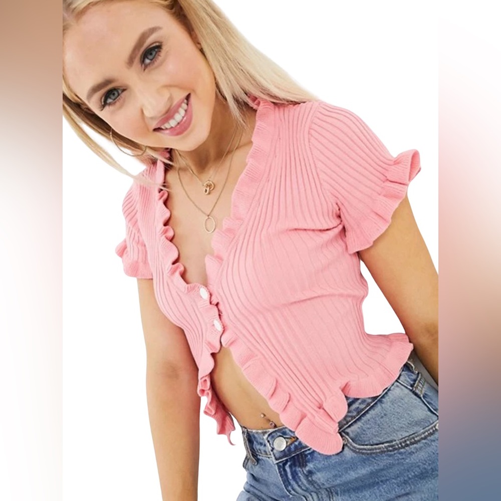 Pink Ruffle Trim Crop Top - Picture 4 of 6